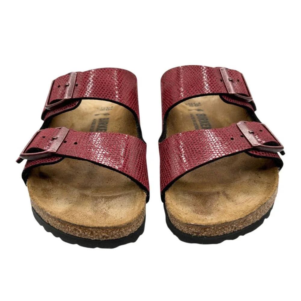 Birkenstock Arizona Birko-Flor Maroon Snake Pattern 2 Straps Slide Sandals 36